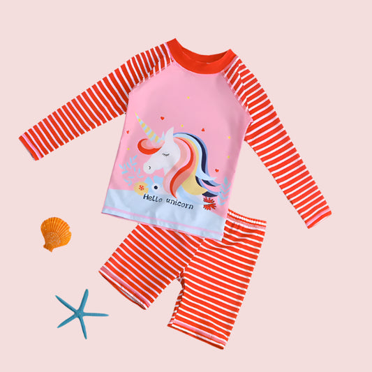 Girls Unicorn Swimwear Long Sleeve Top + Bottoms, Kids Bathing Suit